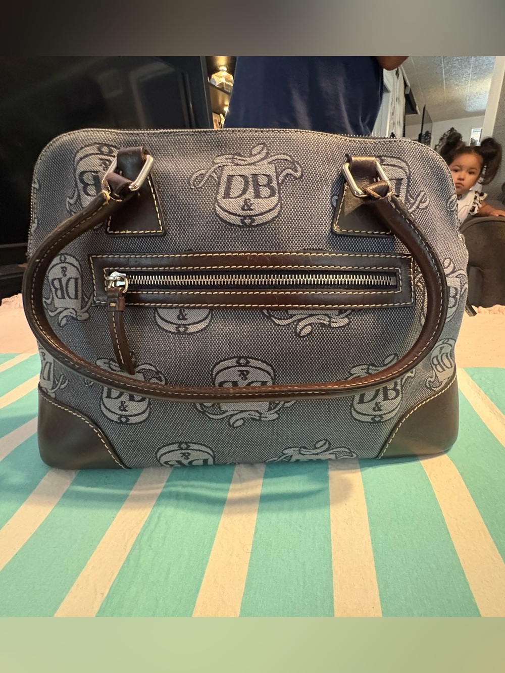 Dooney & Bourke Blue Denim Logo Satchel with Brown Leather Trim